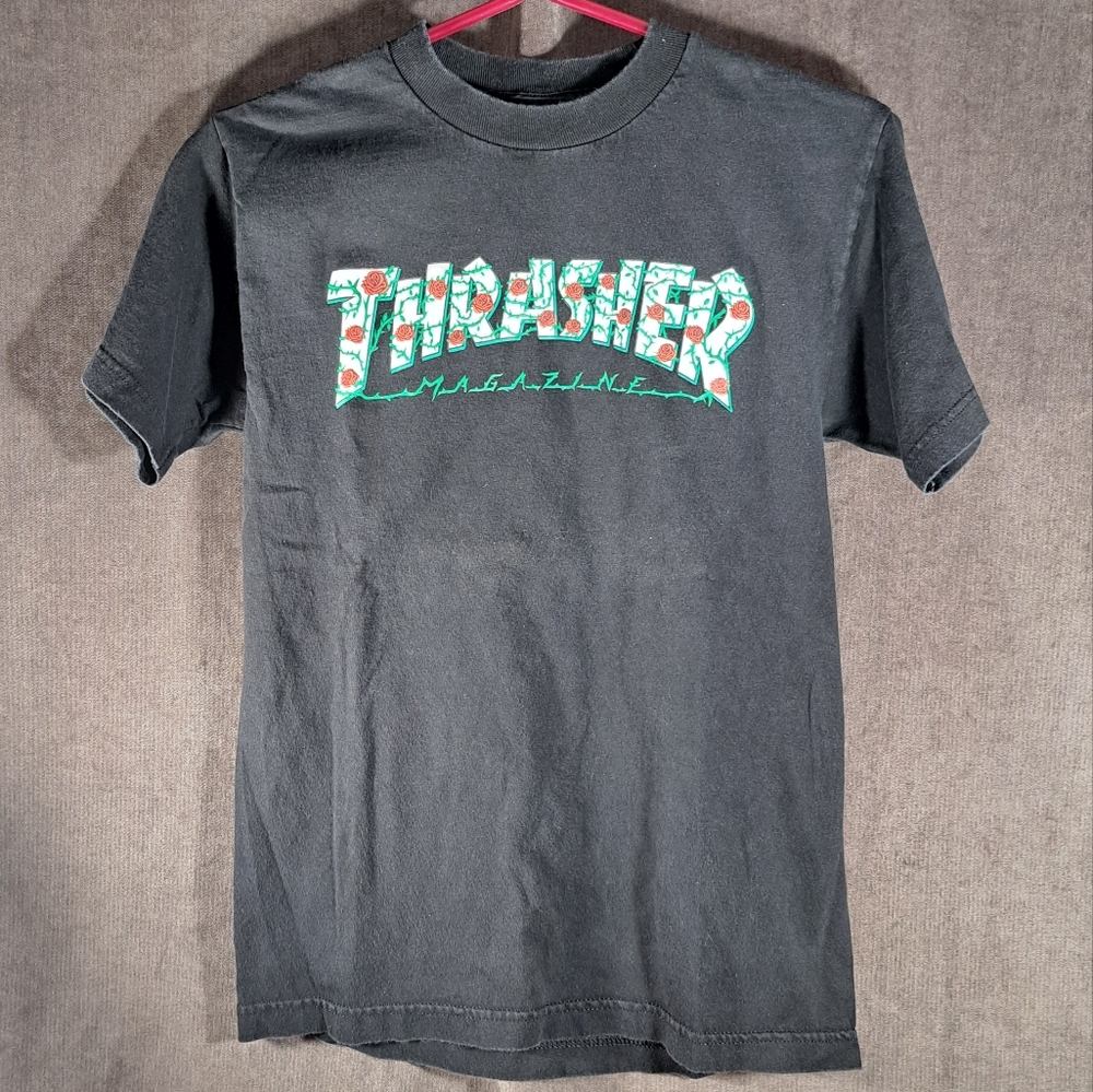 Thrasher Roses and Thorns Black Graphic Tee VG- S + FREE THRASHER MAGAZINE APR22